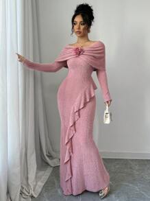 Modelyn 1 pieza Vestido maxi asimétrico con volantes y ajustado de hombros descubiertos para mujer, vestido de noche largo