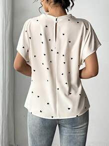 Gloray 女士优雅褶饰心形印花半高领短袖休闲衬衫 - 杏色 - 查看 2