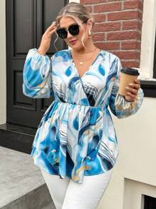 SHEIN Clasi Camisa de tallas grandes con mangas farol, cuello en V y estampado colorido