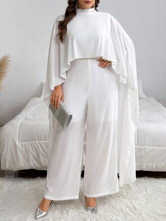 SHEIN Privé 大码优雅奢华复古现代时尚白色立领披肩连体裤适合工作、秋冬季