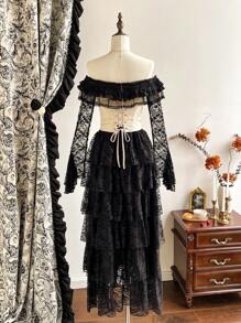 Vintamour Vintage Elegant Women Floral Jacquard Off Shoulder Long Sleeve Flared Cuff Lace Contrast Ruffle Bow Tie Party Festival Strapless Corset Blouse Winter Women Clothes Women Corsets Thanksgiving Women Outfit Winter Outfits Christmas Women Clothes Christmas Outfits Christmas Women Dress Christmas Party Dress Christmas Top Christmas Shirt Christmas Dress Christmas Clothes New Year Eve Dress Thanksgiving Dress Winter Tops Holiday Dress
