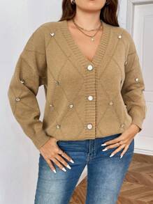 Celure Cárdigan casual con aplicaciones de cristal para mujer de talla grande, para primavera y otoño