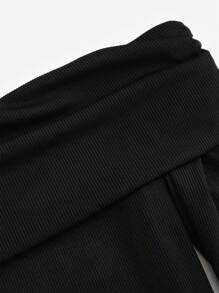 Sweetra Bộ 2 món/Bộ đồ liền thân dài tay trễ vai và quần da PU thường ngày - màu đen - Xem 5