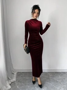 Selianne Women Elegant Velvet Asymmetric Ruffle Split Hem Dress Burgundy Maxi Women Outfit Fall Cloth For Women