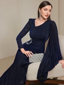 Modelyn 1pc Women's Asymmetrical Neckline Pleated Flare Sleeve Glitter Long Dress Long Evening Dresses