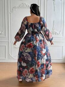 Flirla Plus Size Palace Style Square Neck Romantic Retro Floral Print Lantern Sleeve Fall Dress Clothes - Multicolor - View 2