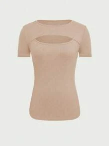 INAWLY Camiseta ajustada de mujer casual de unicolor con diseño calado