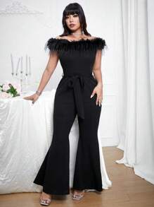 Allurite Plus Size Women's Off Shoulder Fluffy Collar Pocket Tie Waist Minimalist Black Jumpsuit For Dates And Parties