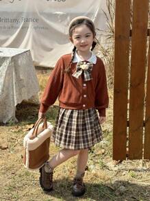 SHEIN 2 件套年轻女孩休闲蝴蝶结装饰上衣和格子百褶裙，秋季 - 彩色 - 查看 4