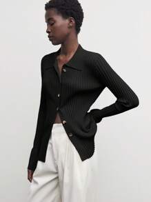 BizChic 浅灰色宽松袖罗纹优雅百搭开衫 - 黑色 - 查看 8