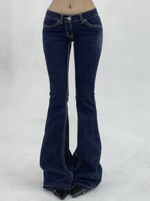 DAZY Women's Low Waist With Pockets Casual Flare Leg Jeans