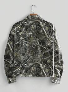 Manfinity Hypemode 1 件男士秋季树枝印花图案彩色长袖休闲衬衫，百搭，适合外出 - 軍綠色 - 查看 2