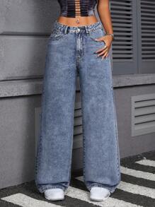 SHEIN Tall Quần Jeans Ống Thẳng Co Giãn, Lưng Giữa, Giặt Thường Ngày - Rửa trung bình - Xem 1