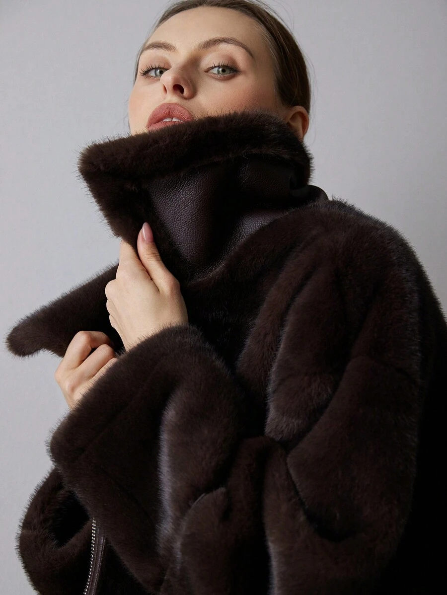 Aveloria Modichic 奢华貂皮拼布皮革冬季夹克，复古美式蓬松外套，带金属拉链，女士保暖厚休闲外套，仿皮飞行员夹克，带博格衬里，节日派对服装 - 棕色 - 查看 1