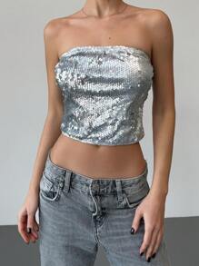Aloruh Top court tube sexy pailleté, argent, pour Noël/Nouvel An Fête - Argent - Voir 3