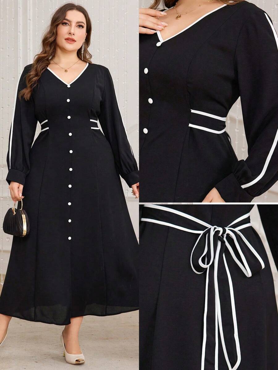 Modelyn Elegant V-Neck Plus Size Contrast Color Trimmed & Button Detail Dress Maxi Women Outfit - Black - View 1