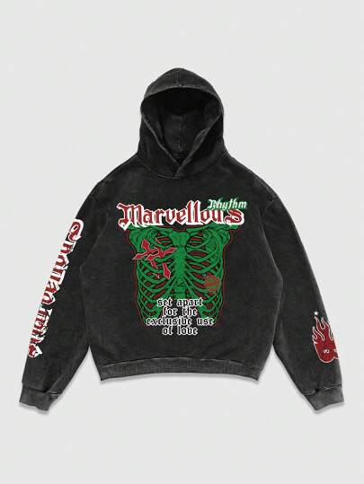 Street Life Men's Skull Print Washed Vintage Style Hoodie