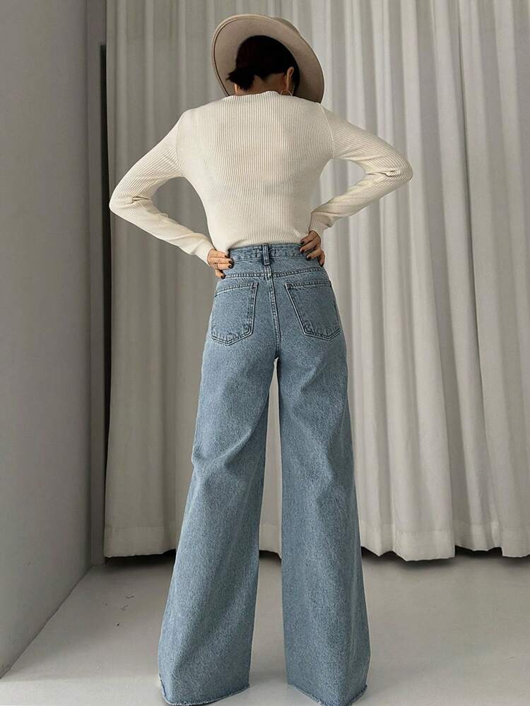 Women's Solid Color Wide Leg Long Denim Jeans, Suitable For Long Legs