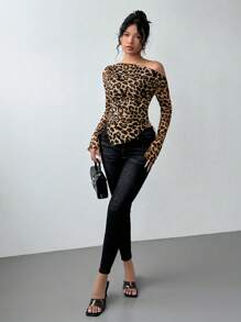 Selianne American Sexy Girl Leopard Print Sheer Mesh Batwing Sleeve Slim Fit Cover Up T-Shirt, Random Flower Pattern Graphic Cheetah Print Tees Women Tops Fall Cloth For Women - Multicolor - View 4