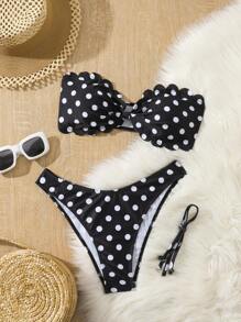 SHEIN Swim 女士夏季波尔卡圆点印花随机细肩带荷叶边性感比基尼套装 - 黑與白 - 查看 1