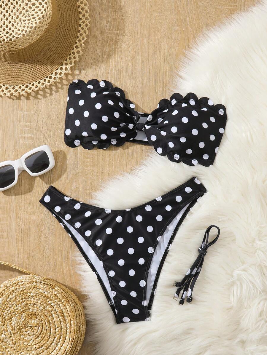 SHEIN Swim 女士夏季波尔卡圆点印花随机细肩带荷叶边性感比基尼套装 - 黑與白 - 查看 1