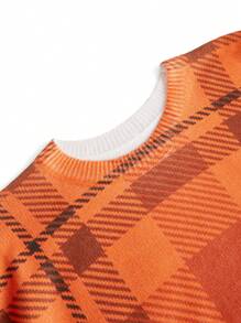 Debiesn Artist Plaid Pattern Loose Fit Crew Neck Knit Orange Sweater, Suitable For Autumn/Winter, Holiday, New Year, Thanksgiving, Vacation, Festival, Ibiza Fits - Orange - View 3