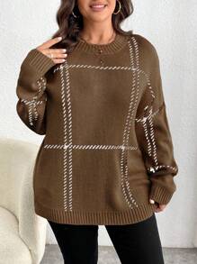 Elenzga Pull en tricot ample, élégant et décontracté à carreaux, automne/hiver, grande taille