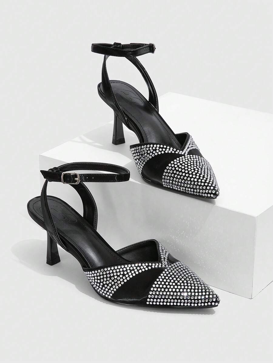 CUCCOO SZL Zapatos de tacón de aguja con tacón alto con adorno de strass puntiguados para mujer, tacones sexy de fiesta, coordinación de atuendo casual de primavera y salida nocturna - Negro - Ver 1