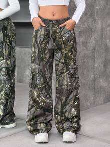 SHEIN Teen Girl Fashion Casual Branch Print Flap Pocket Cargo Denim Jeans - Multicolor - View 7