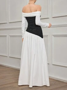 Modelyn Women Elegant Fit & Flare Knit Patchwork Dress For Formal Evening Party Long Evening Dresses - Black and White - View 2