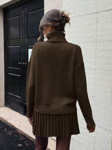 EMERY ROSE Women's Autumn/Winter Solid Turtleneck Drop Shoulder Long Sleeve Sweater And Pleated Knit Skirt 2 Pieces Set Fall Cloth For Women - Brown - View 2