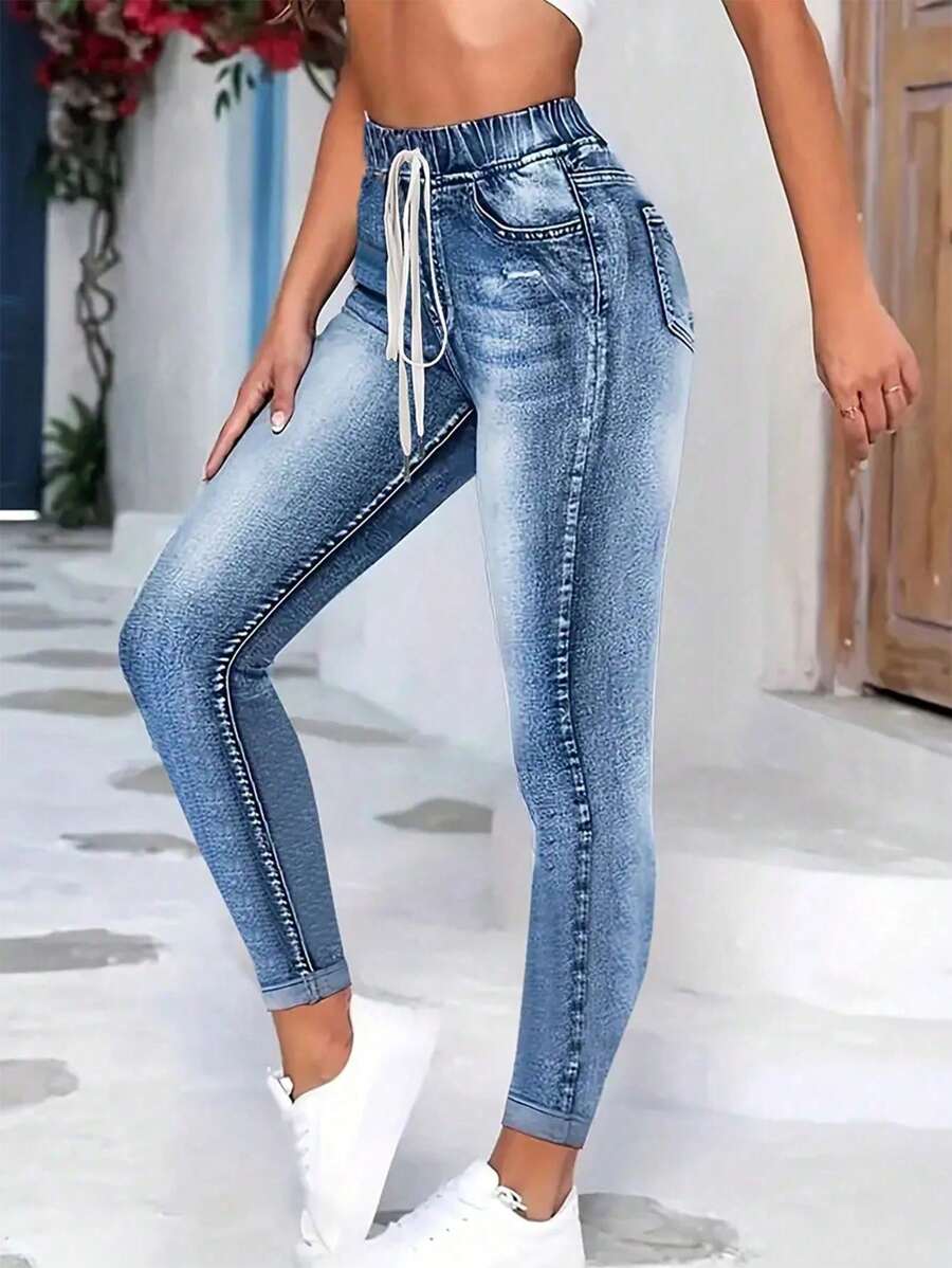 SHEIN LUNE Quần bó buộc eo cho nữ mùa hè - Màu xanh lam - Xem 1