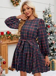 Chiquease 圣诞节 A 字形圆领泡泡袖宽松女式连衣裙