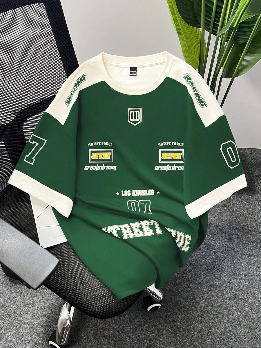 Claim Dot 男士休闲拼色拼接字母印花T恤 - 墨綠色 - 查看 1