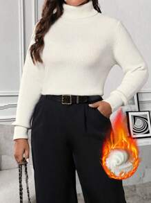 Celure Plus Size Solid Color Turtleneck Fitted Sweater, For Autumn/Winter Knit Pullover Fall - White - View 1