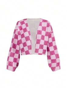 Mari Primo studio Artist Checkered & Heart Pattern Drop Shoulder Cardigan, For Autumn,Winter, Holiday, New Year, Thanksgiving, Vacation, Spring, Festival, Spring Break, Ibiza Fits, Pink - Pink - View 5