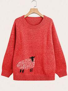 SHEIN LUNE Áo len dài tay cổ tròn thêu hình cừu nhiều màu sắc, cỡ lớn, thích hợp cho năm mới, mùa đông hoặc mùa thu. - Đỏ - Xem 1