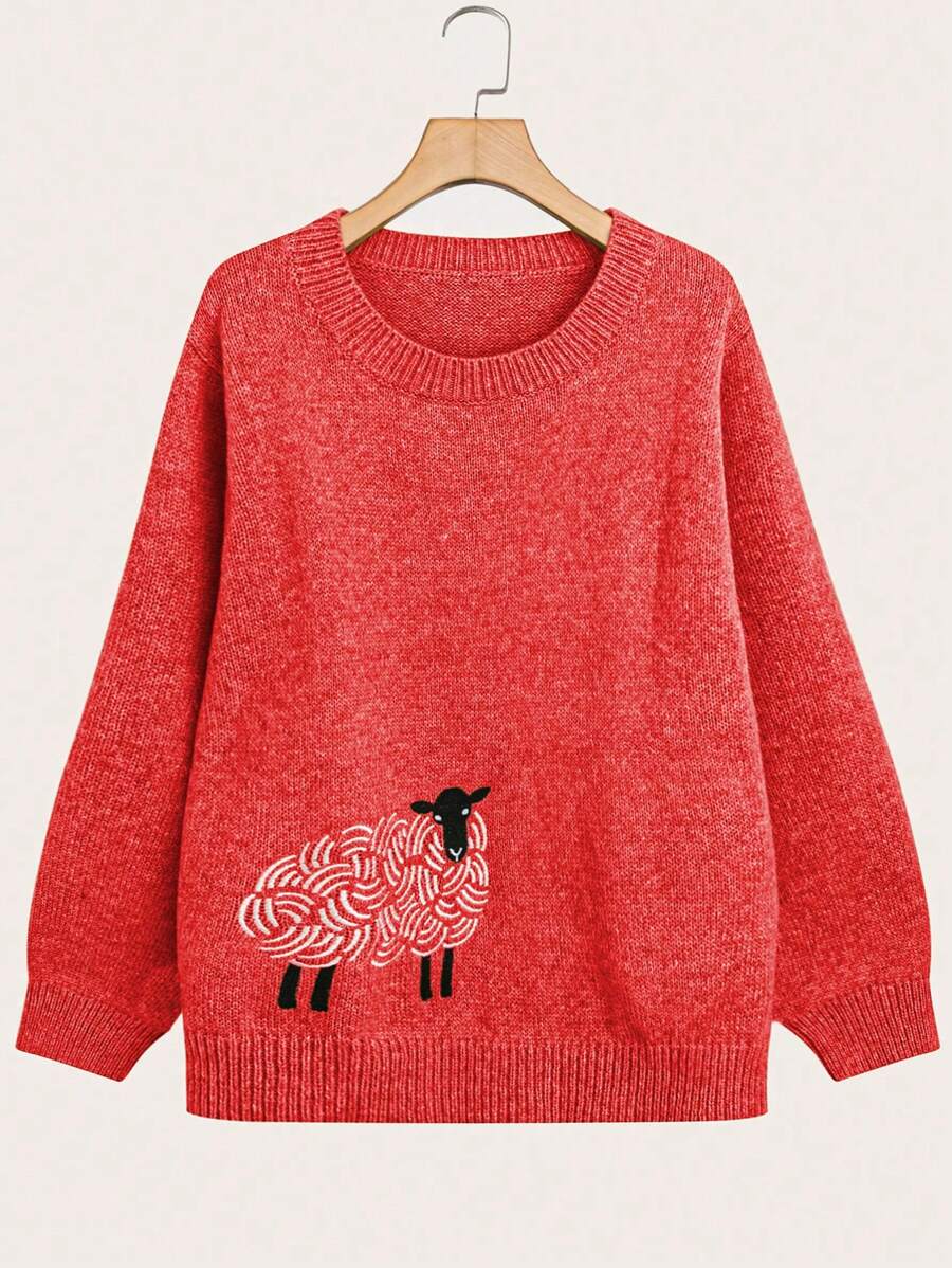 SHEIN LUNE Áo len dài tay cổ tròn thêu hình cừu nhiều màu sắc, cỡ lớn, thích hợp cho năm mới, mùa đông hoặc mùa thu. - Đỏ - Xem 1