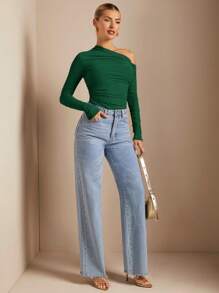 SHEIN BAE 1pc Asymmetric Ruched Sheer Fitted Solid Color Blouse