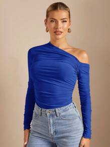 SHEIN BAE 1pc Solid Color Asymmetrical Ruched Fitted Casual Long Sleeve T-Shirt - Royal Blue - View 6