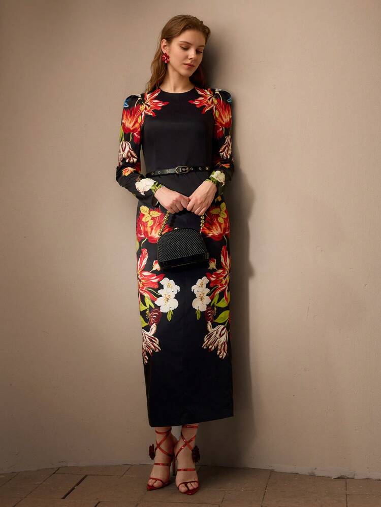 FLORAL PRINT GIGOT SLEEVE SLIM FIT DRESS WITHOUT BELT
