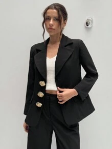 Aloruh Áo khoác blazer trắng cổ chữ V ôm vừa vặn, cổ bẻ lệch phong cách retro thời trang dành cho nữ - màu đen - Xem 7