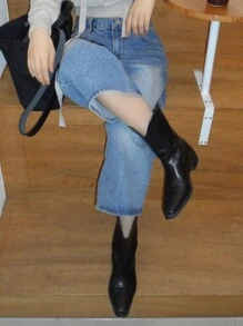 DAZY 女士宽松破洞阔腿七分牛仔短裤 - 中等水洗藍 - 查看 8