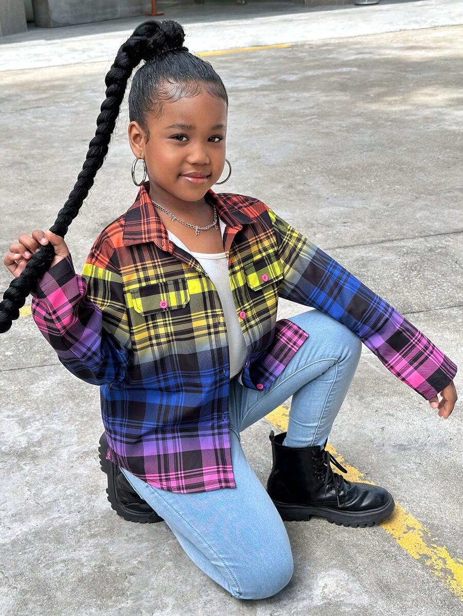 SHEIN Explorewe Tween Girl Casual Single-Breasted Color Block Plaid Loose Blouse - Multicolor - View 1