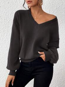 SHEIN Essnce Áo len dệt kim cổ chữ V đơn sắc thường ngày cho nữ, mùa thu/đông - Màu nâu Sô-cô-la - Xem 6