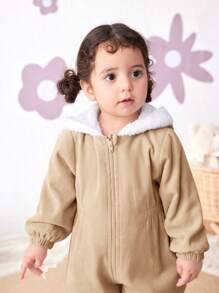 SHEIN Newborn Baby Girls Thermal Lined Hooded Jumpsuit, Contrast Color, Warm For Autumn/Winter