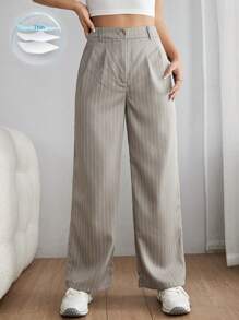 SHEIN PETITE Striped Print High Waist Straight Leg Pants - Apricot - View 1