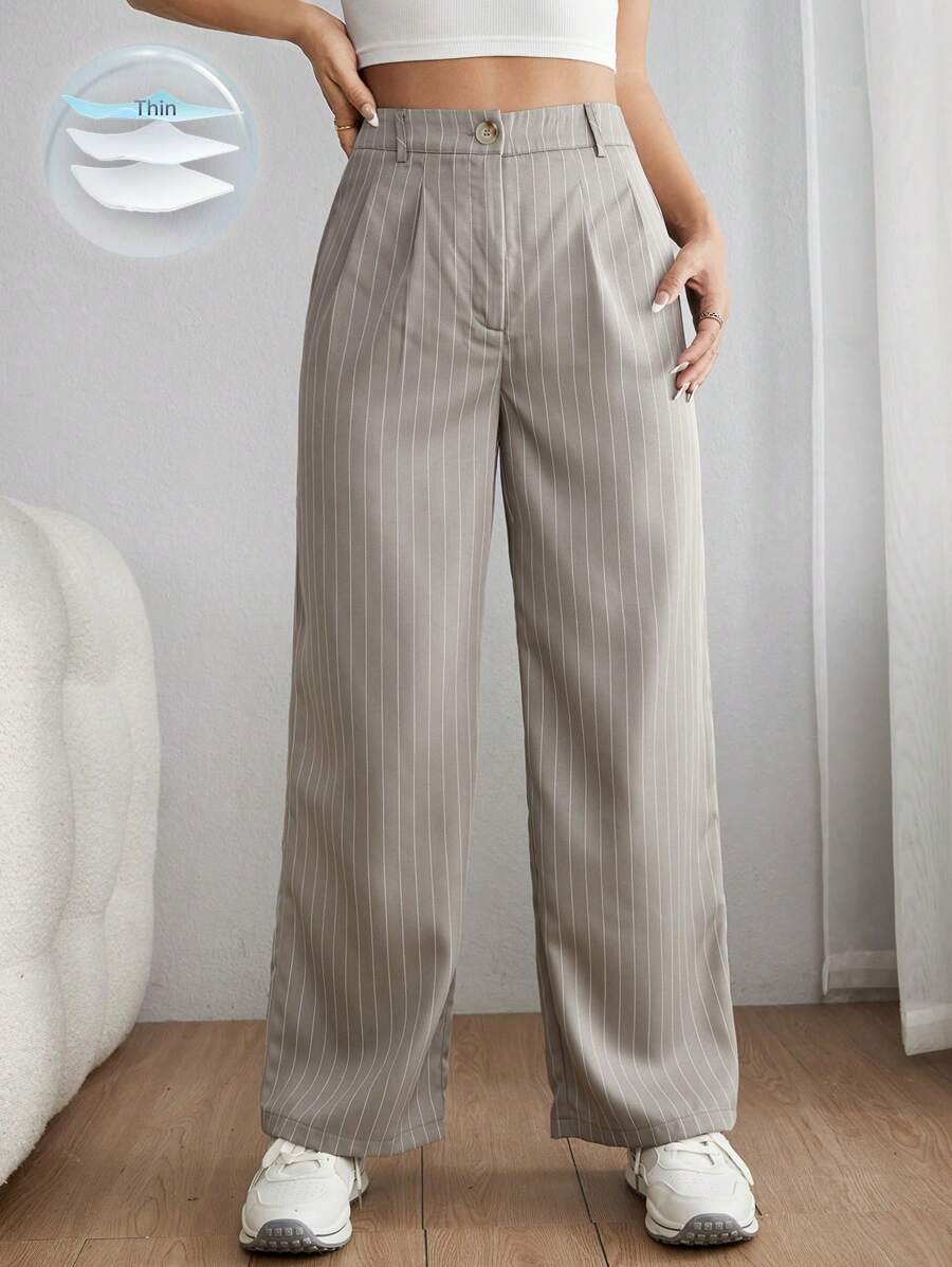 SHEIN PETITE Striped Print High Waist Straight Leg Pants - Apricot - View 1