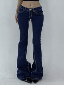 DAZY Women's Low Waist With Pockets Casual Flare Leg Jeans