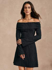 SHEIN Unity Women Casual Off-Shoulder Textured Knit Mini Dress, Autumn Fall Cloth For Women - Black - View 6